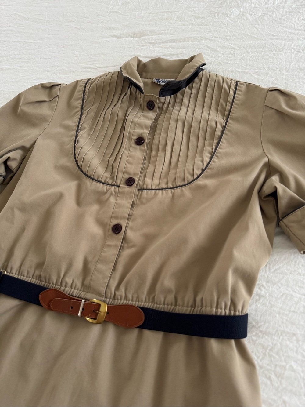 Vintage Millicent California Khaki Shirt Dress Pintuck Bib Puff Sleeve - Picture 6 of 9